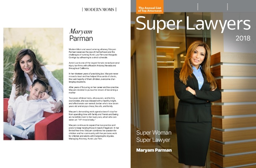 Personal injury lawyer Maryam Parman's appearances in Super Lawyers and Modern Moms magazines