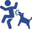 Blue icon depicting dog biting person, suggesting the need for a dog bite lawyer