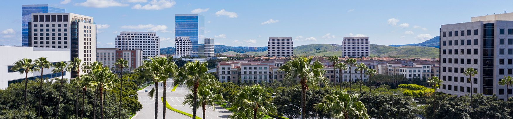 Panoramic view of tall office buildings and palm trees in Irvine