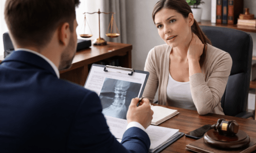 personal injury lawyer after a car accident reviewing medical and insurance documents