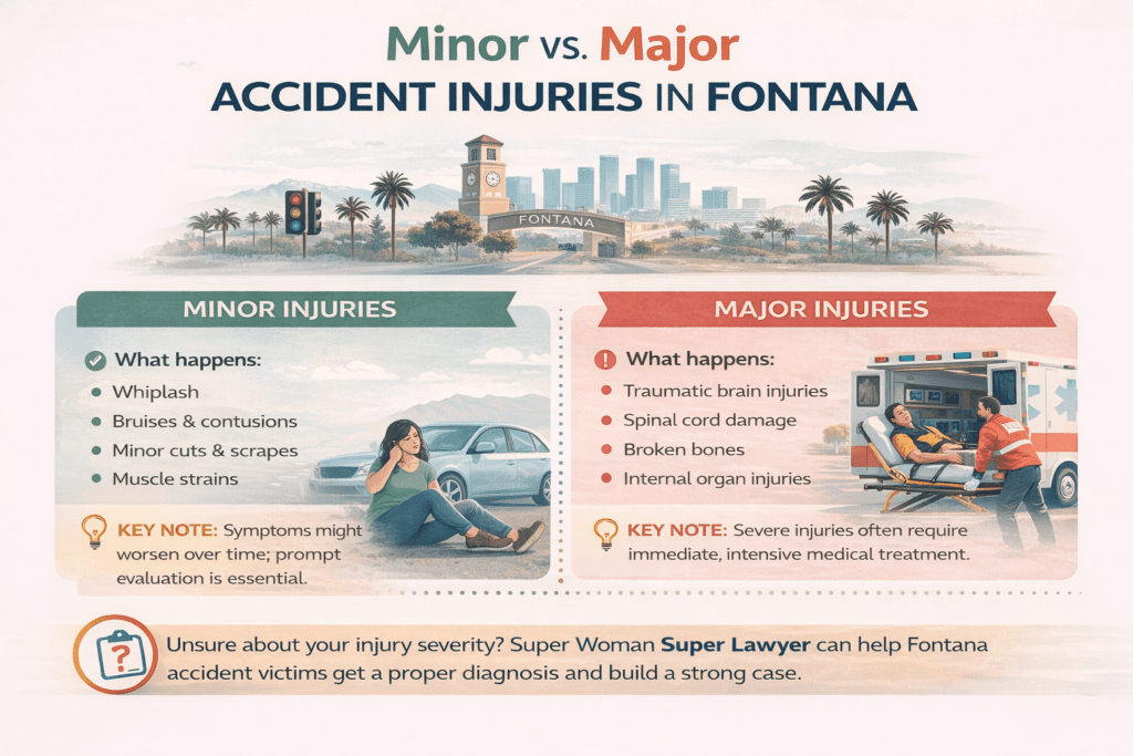 Minor vs major accident injuries in Fontana infographic showing common symptoms and severity differences
