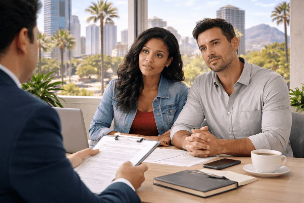 How Insurance Companies Evaluate Injury Claims In Phoenix 1 Phoenix personal injury lawyer consultation with client reviewing insurance documents