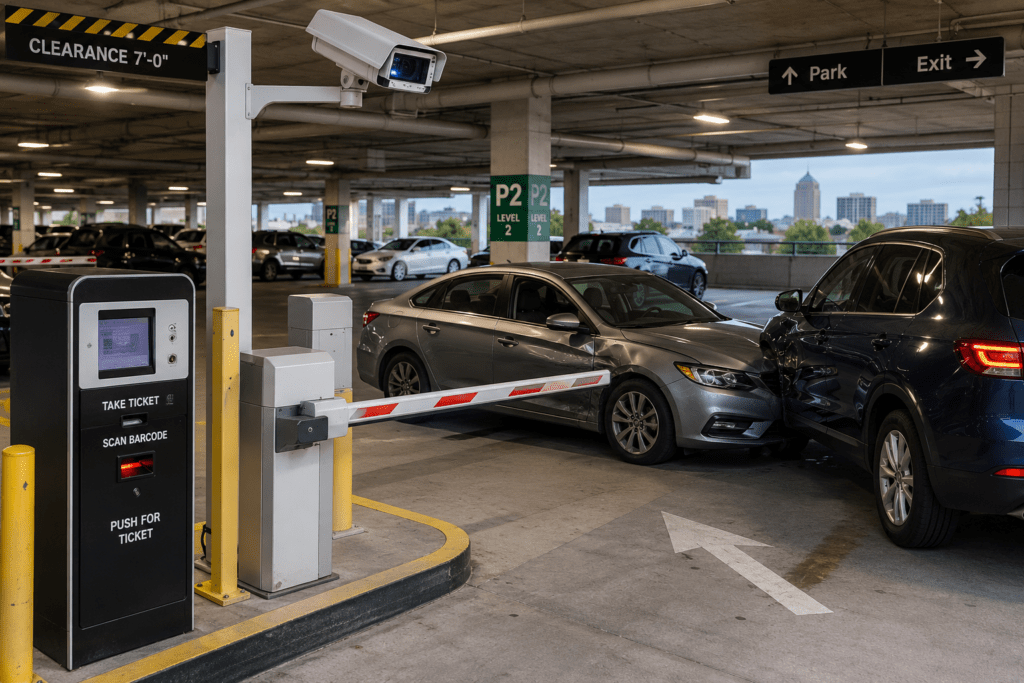 Fresno parking garage accident access records from an automated parking garage entry gate after a collision