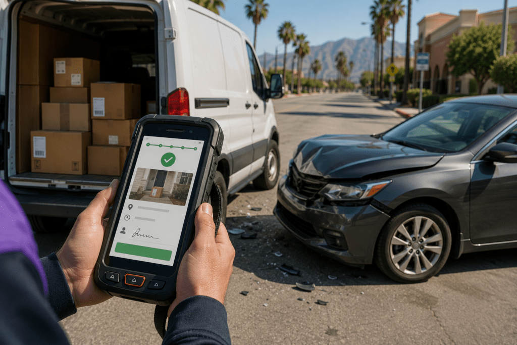 Riverside delivery proof of delivery records displayed on a commercial delivery driver's handheld scanner after a vehicle accident