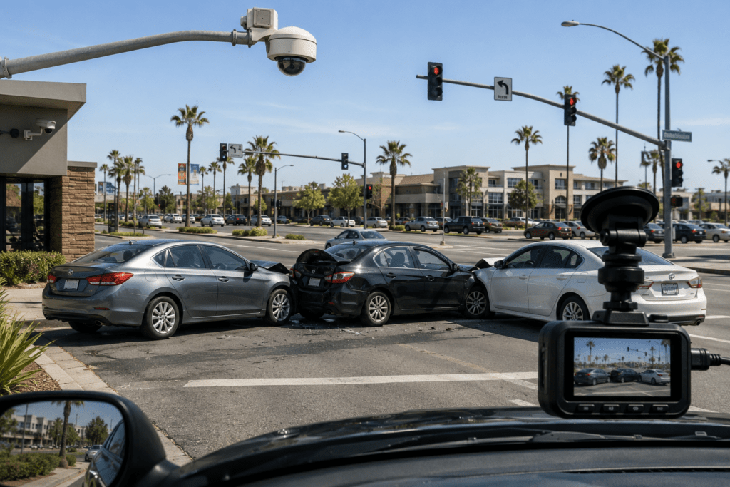 Anaheim Multi Vehicle Traffic Camera Evidence: How Video Footage May Help Explain A Chain-Reaction Crash 1 Anaheim multi vehicle traffic camera evidence from multiple video sources following a chain-reaction collision