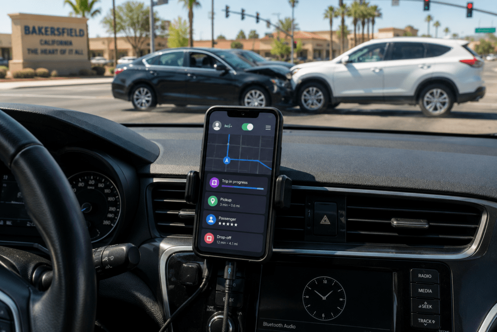Bakersfield Rideshare Accident Claims: How Driver App Status And Trip Logs May Help Explain What Happened 1 Bakersfield rideshare driver app status displayed on a rideshare driver's smartphone following a traffic collision