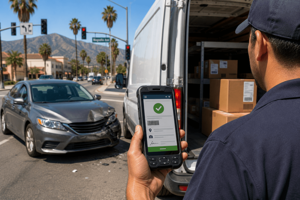 Riverside Delivery Driver Accident Claims: How Electronic Proof Of Delivery Records May Help Explain What Happened 1 Riverside delivery proof of delivery records displayed on a commercial delivery driver's handheld scanner following a traffic collision