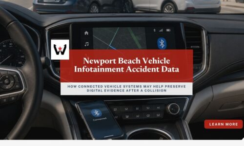 Newport Beach vehicle infotainment accident data displayed on a modern vehicle infotainment screen following a collision