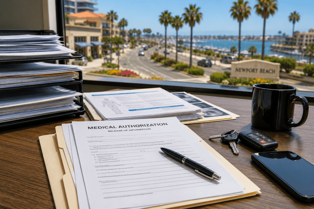 Newport Beach motor vehicle accident medical authorization form with insurance paperwork and medical records following a car accident