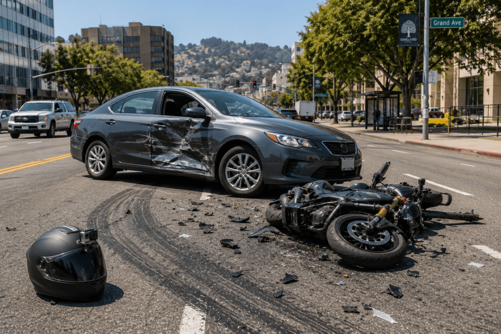 Oakland motorcycle lane change accident involving a passenger vehicle changing lanes into a motorcycle