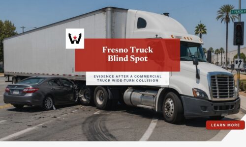 Fresno Commercial Truck Accident Claims Involving Wide Turns And Blind Spots 2 Fresno commercial truck wide turn blind spot collision involving a semi-truck and passenger vehicle